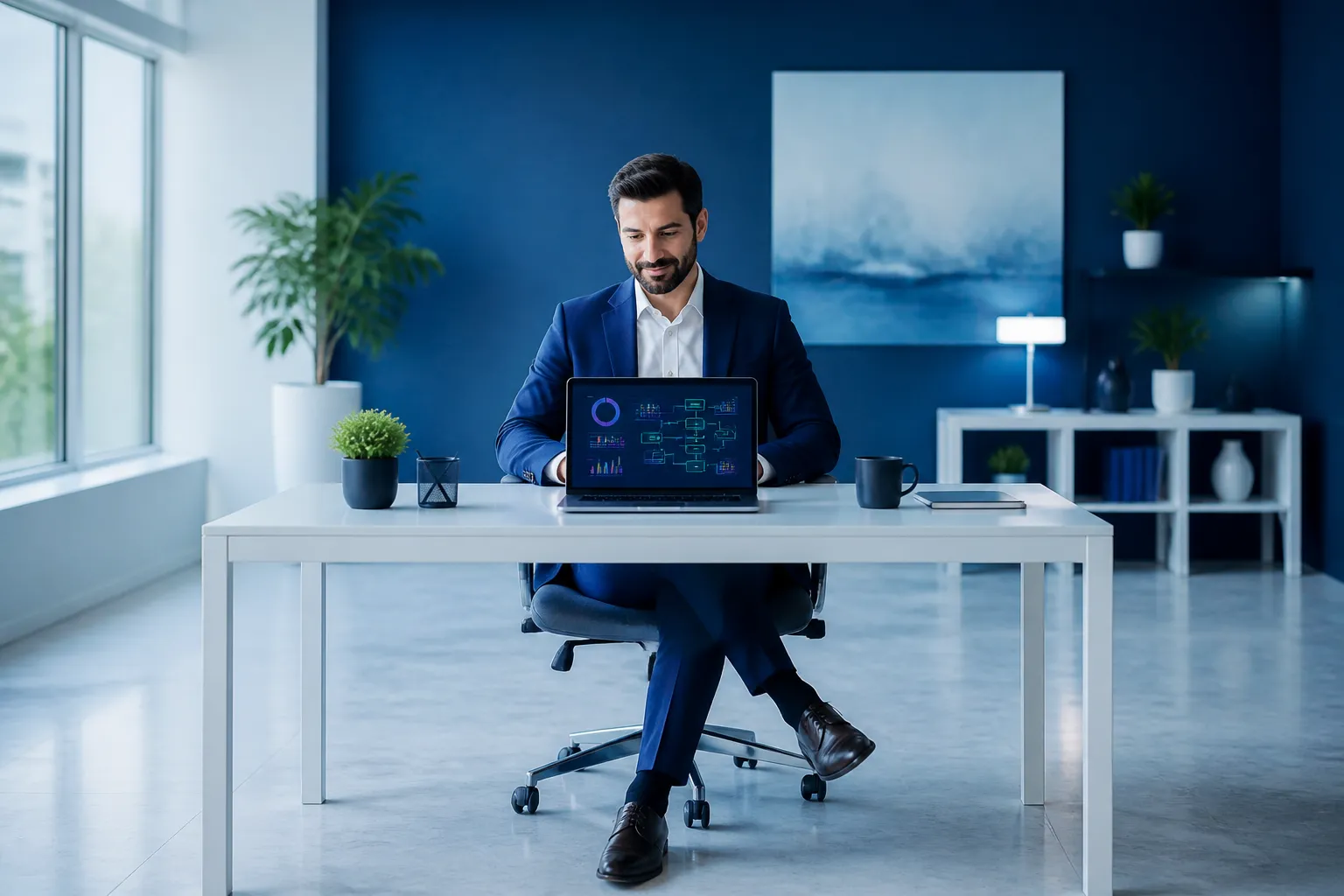Business owner reviewing AI automation dashboard